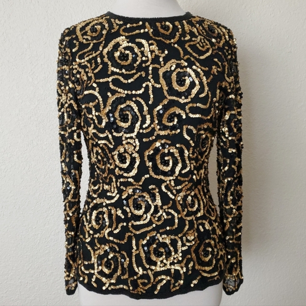 Vintage Black Gold Beaded Sequin Top Long Sleeve Blouse Cocktail NYE Party Small